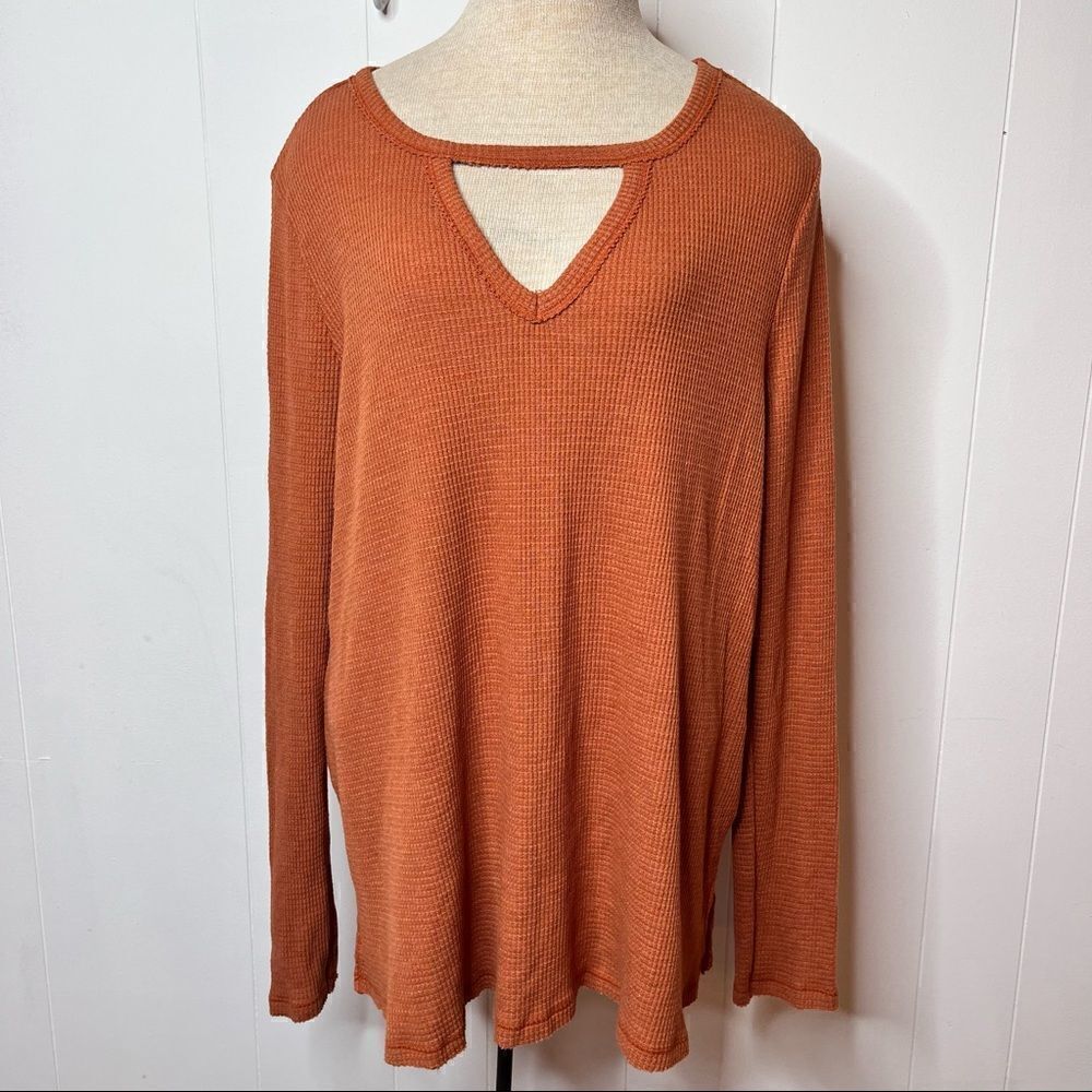 ANTHROPOLOGIE T La Rust Gold Nadia Cutout Thermal Waffle Weave Tunic Top Sz L